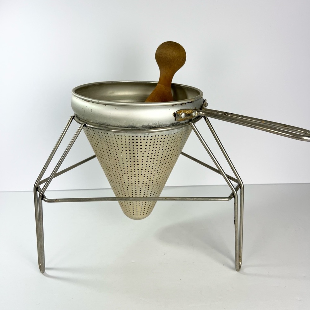 Vintage Cone Sieve Pestle and Stand‎ aluminum metal Juicer strainer Canning
